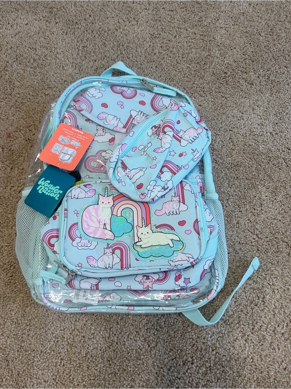 wonder nation Mint Blue Kids Backpack with Unicorn-Cat & Rainbow Print